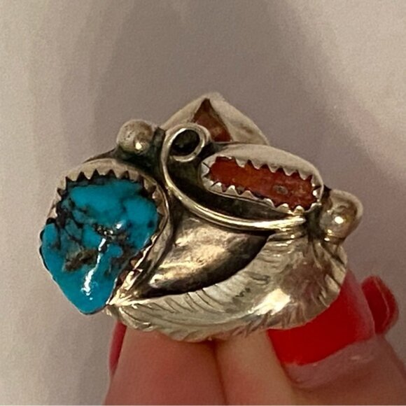 R CHEE VINTAGE NAVAJO STERLING SILVER RING RED BRANCH CORAL TURQUOISE SIZE 7 USA - Picture 5 of 13